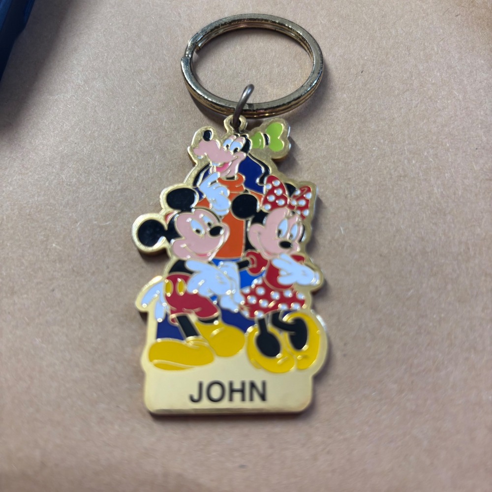 Disney Mickey Goofy Minnie Keychain Men "JOHN" Gold Vintage